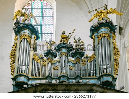 Ancient musical pipe organ in a gothic Oliwa Cathedral