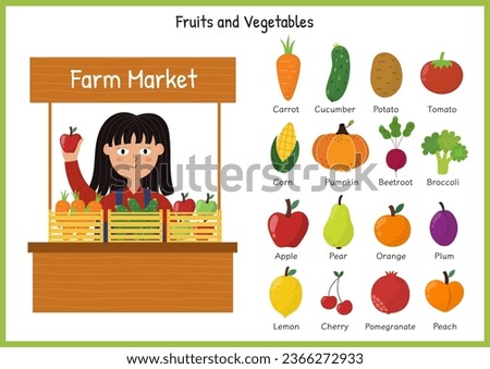 Fruits and vegetables set. Farm market collection. A stand with a cute girl selling fruits and vegetables print. Vector illustration