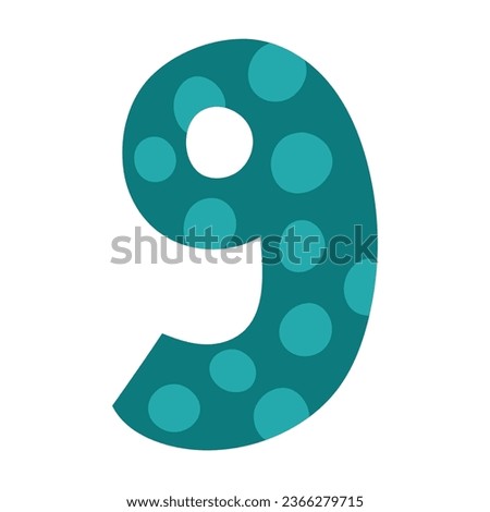 Doodle number nine symbol for kids. Leaning numbers for preschool. Colorful number 9 in cartoon style. Vector illustration