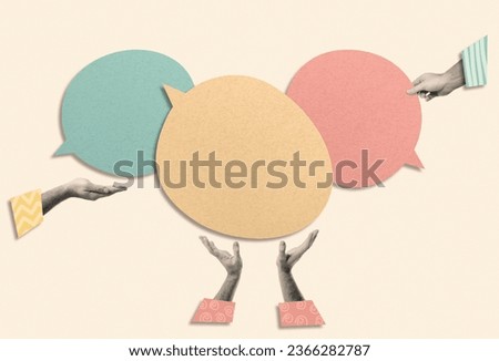 Male hands holding speech bubbles with copy space, contemporary collage. Public opinion, mass media, manipulations, elections, communication concept Royalty-Free Stock Photo #2366282787