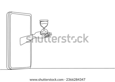 Single one line drawing hand coming out from the middle of the smartphone holding hourglass. National Customer Day is counting down. Online shopping day. Continuous line design graphic illustration