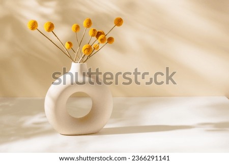 Ceramic vase with dry Craspedia flowers and beautiful sunlight shadows on the table, copy space. Scandinavian cozy interior design, aesthetic home decoration, bohemian style Royalty-Free Stock Photo #2366291141