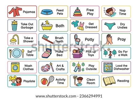 Kids daily routine chores collection. Responsibilities list for the chore chart. Morning and evening tasks set. Vector illustration Royalty-Free Stock Photo #2366294991
