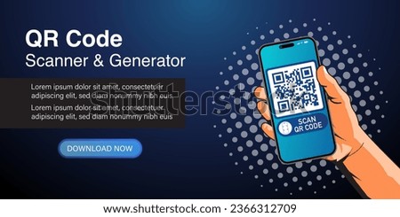 QR Code Scanner and Generator Concept. Scanning the QR code through a smartphone held by hand, verification QR code, hand-holding smartphone scans the QR code banner, vector banner barcode concept.