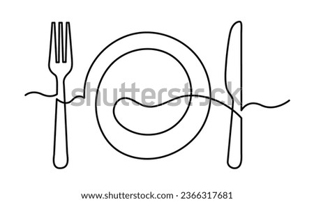 One continuous line plate, knife, and fork.single line Cutlery design. Cutlery vector isolated on a white background.restaurant logo stock illustration.