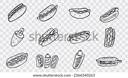 Hot dog icons set on transparent background. Hand-drawn sketch illustrations of hot dogs isolated on white background. Vintage illustration. Element for the design of labels, packaging and postcards.