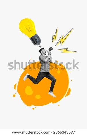 Vertical collage picture of excited mini black white colors guy jump run communicate loudspeaker big light bulb above head