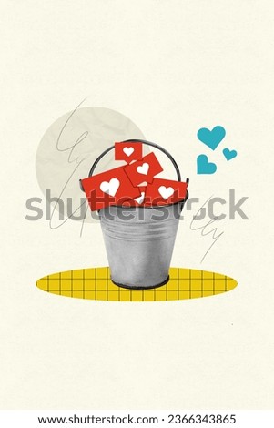 Picture collage poster of bucket full of social media instagram facebook likes customers review isolated on drawing minimal background