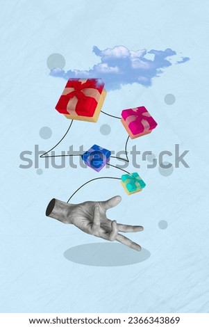 Image collage picture of human arm palm catch falling gifts isolated on blue color painted background