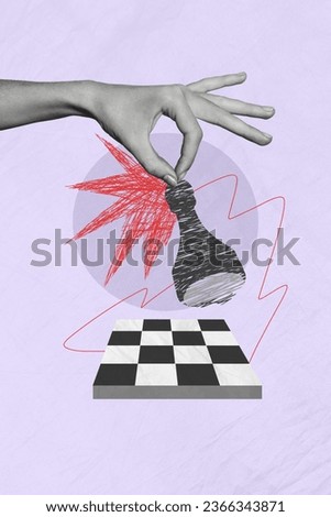 Vertical poster photo collage of arm hold black horse playing chess make move win game isolated on creative painted background Royalty-Free Stock Photo #2366343871
