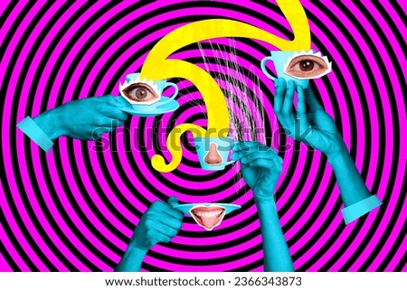 Collage picture template of surrealism different personage teacup drinking hot espresso isolated on pink drawing illusion background