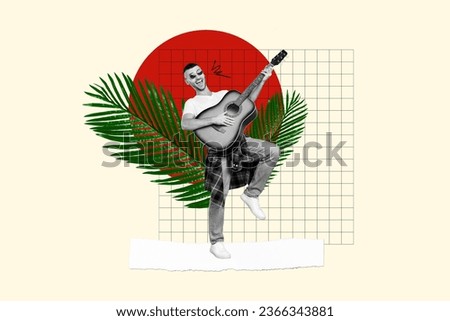 Banner collage picture of cheerful positive guy play guitar sing song have fun isolated on drawing background
