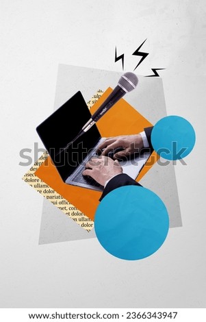 Photo collage picture of human hands working write netbook recording audio message team leader customer support isolated on gray background