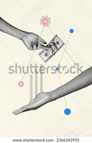 Vertical collage picture of black white colors arms hold give dollar banknote bill cogwheel gear isolated on paper background
