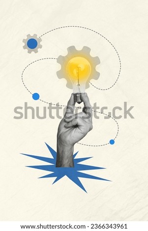 Poster collage conceptual photo image of human arm hold lamp bulb brillint ide great plan conclusion solution isolated on drawing background Royalty-Free Stock Photo #2366343961