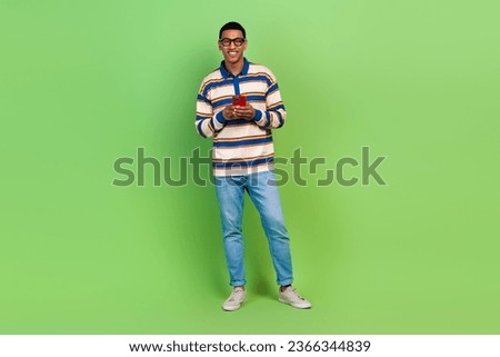 Full body photo of twitter user businessman post his lifestyle sport work and home interior pictures isolated on green color background