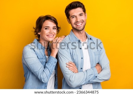 Photo of positive lovely couple partners have successful family business isolated bright color background Royalty-Free Stock Photo #2366344875