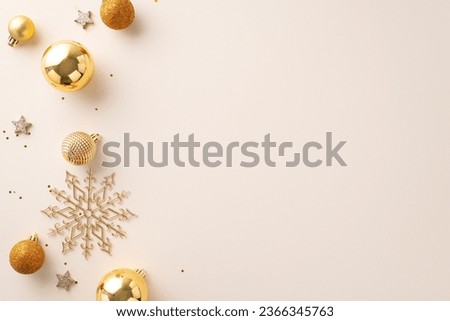New Year Wishes! Top-view photo of chic tree decorations, golden ornaments, sparkling stars, snowflakes, sequins on a gentle pastel base, awaiting your message or advertising Royalty-Free Stock Photo #2366345763