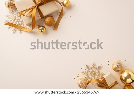 Magical Christmas Scene: Top-down view of artfully wrapped gift boxes with orange satin ribbons, complemented by chic tree ornaments, golden balls, sparkling snowflakes, confetti on pastel background Royalty-Free Stock Photo #2366345769