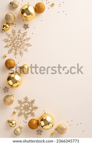 Festive Collection: Top view vertical photo featuring variety of tree adornments, baubles, shimmering stars, snowflake accents, confetti on pastel backdrop—ready for your holiday greetings or advert Royalty-Free Stock Photo #2366345771