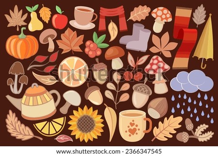 Collection of autumn icons and illustrations. Falling leaves, hot drink, mushrooms, acorns, doodle design elements.