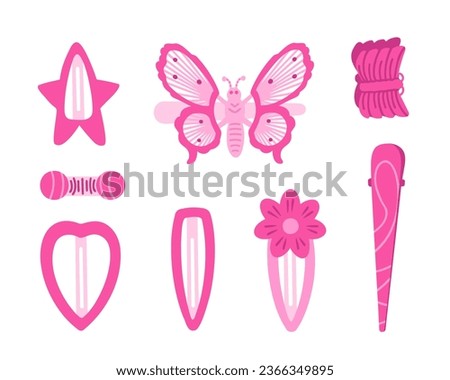 Hairpin set, flower, star and butterfly hairpin, accessories of 2000s. Vector Illustration for background, packaging. Image can be used for greeting card and poster. Isolated on white background.