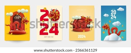 Happy chinese new year 2024. Set festive template background for cover, banner, card, poster. Holiday composition with bright zodiac symbol red dragon. Collection vector illustration. 