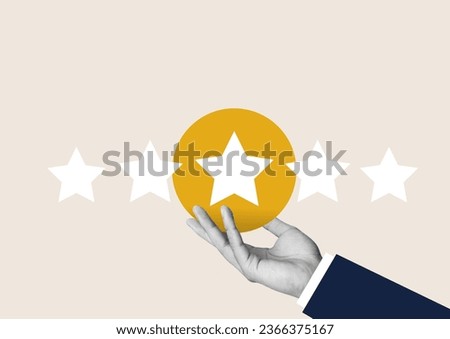 Contemporary art collage of businessman’s hand giving five-star rating, Feedback concept.	