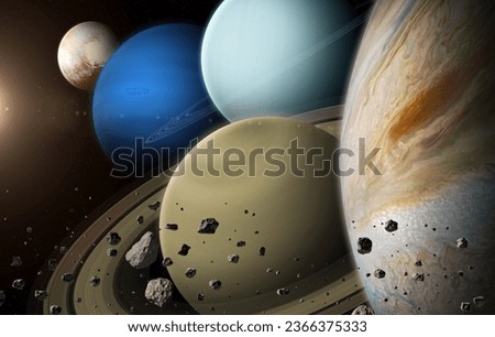 Beautiful view of the planets Saturn, Jupiter, Uranus, Neptune, Pluto and Sun. Solar system planets: Saturn, Jupiter, Uranus, Neptune - Gas Giant planets. Elements of this image furnished by NASA.  Royalty-Free Stock Photo #2366375333