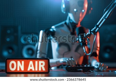 Humanoid AI robot working at the radio station studio, artificial intelligence and entertainment concept Royalty-Free Stock Photo #2366378645