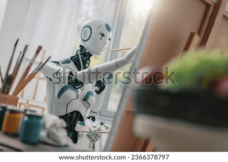 Humanoid AI robot painting a still life composition on canvas in the art studio