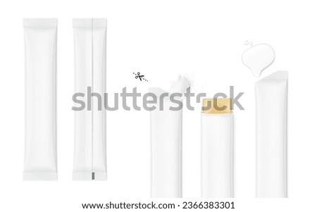Blank stick package bag mockups set with samples. Front and rear view. Vector illustration isolated on white background. Can be use for template your design, presentation, promo, ad. EPS10. Royalty-Free Stock Photo #2366383301