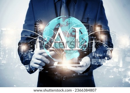 businessman using laptop computer sending and download digital data info with blur city night. Mobile connect networking with cloud communication concept.	
