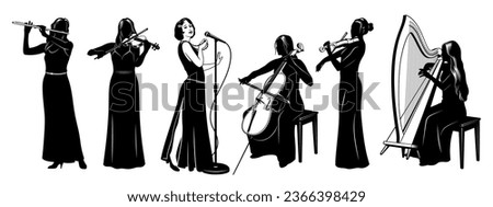 Woman music band with vocalist. Silhouettes Set. Women singing, playing on violins, cello, celtic harp and flute folk and classic music. Vector cliparts isolated on white.