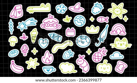 A set of cute hand drawn doodle stickers. Kids line drawing. Vector illustration on black background