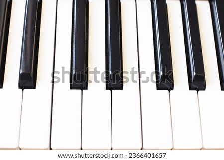 Synthesizer keys black and white background with copy space for your text. Piano octave close up top view. Keyboard musical instrument. Music class concept Royalty-Free Stock Photo #2366401657