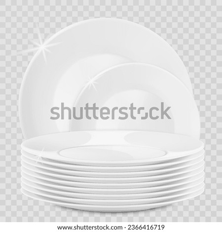 Realistic plate stack and bowls. Clean dishes, stacked kitchen tableware. Stack of clean washed food plates, dishware mockup isolated on transparent. 3d vector illustration. Porcelain crockery plate Royalty-Free Stock Photo #2366416719