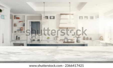 Kitchen table empty marble table, and sunlight Royalty-Free Stock Photo #2366417421