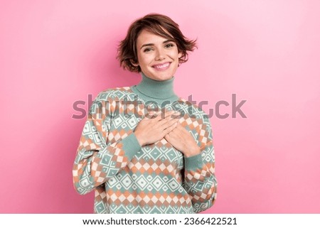 Portrait of attractive young girlfriend winter cold season warming touch her heart sincere appreciate isolated on pink color background Royalty-Free Stock Photo #2366422521