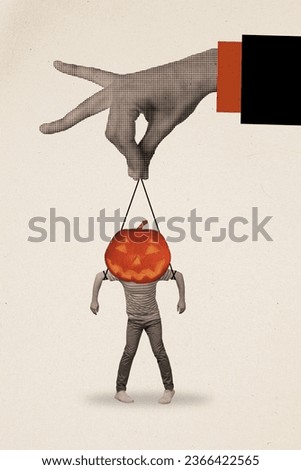 Vertical creative composite illustration photo collage of arm hold funny man with pumpkin head garland isolated on drawing background