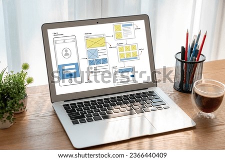 UX UI design process for modish mobile application and website . Creative prototype of wireframe for professional app developer . Royalty-Free Stock Photo #2366440409