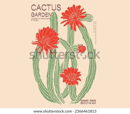 Cactus flower graphic print artwork for apparel, t shirt, sticker, poster, wallpaper and others. Feel the sunset. desert cactus artwork. Wall desertion art. Royalty-Free Stock Photo #2366461813