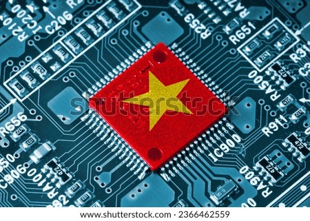 Vietnam flag on Microchip processor on electronic board for important component in computer smartphone, Vietnam become global manufacturing and supply chain replace China due to labor cost cheap. Royalty-Free Stock Photo #2366462559