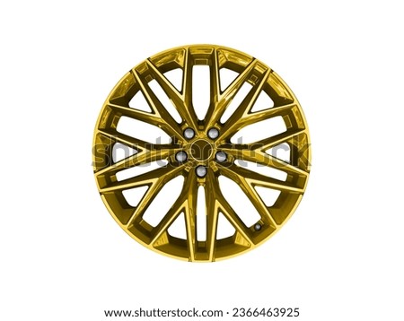 Gold car alloy wheel isolated on white background. New alloy wheel for a car on a white background. Alloy rim isolated. Car wheel disc.