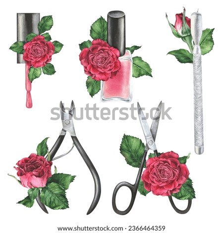 Set of tools for Manicure. Watercolor illustration of nippers and scissors with rose flowers. Hand drawn clip art on isolated background. Drawing of Nail file and polish. Bundle for beauty salons
