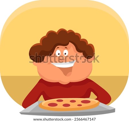 Boy eating pizza, illustration, vector on a white background.