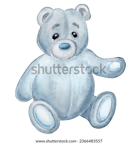 Teddy bear of gray-blue color sits cute soft children's toy Watercolor hand drawn illustration on a white background for your design, decorating invitations and cards, making stickers, scheme for