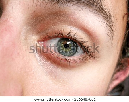 A close-up view of a caucasian person’s eye, with the iris and pupil visible. The eye appears to be healthy and the color is a bright green. The person’s eyelashes are long and curly.