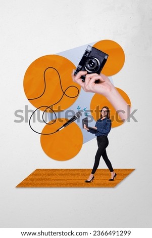 Sketch 3d collage of professional worker journalist interviewing famous star live stream isolated on painted background