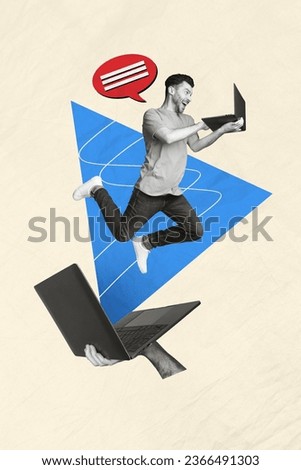 Picture collage artwork of happy guy jump up write sms talk video call wireless modern macbook isolated on drawing background